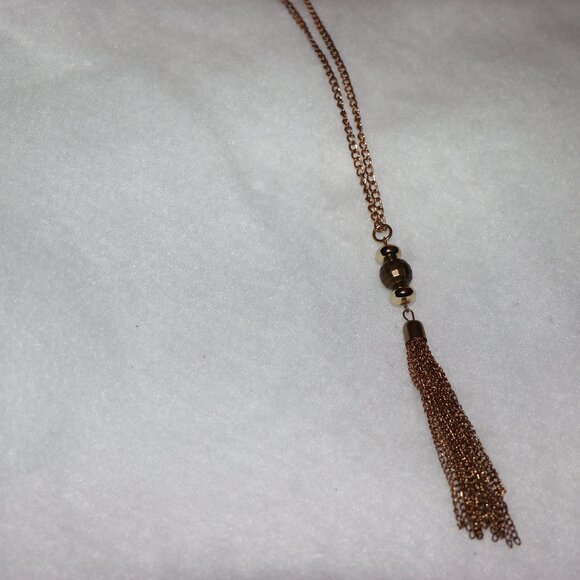 14" Gold chain tassel and ball beads on long vintage style necklace, 1920s party - Picture 4 of 5
